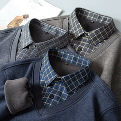 Men's Velvet High-end Jacquard Fake Two-piece Knitted Shirt