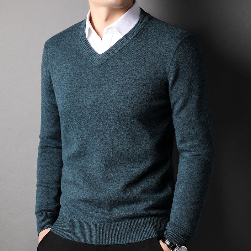 Men's 100% Wool V-neck Knitted Bottoming Sweater
