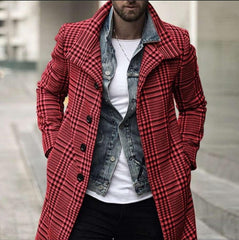 Men's Fashion Lapel Single Breasted Plaid Trench Coat