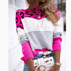 Color Block Leopard Print Crew Neck Casual Sweater