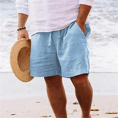 Men's Solid Color Drawstring Breathable Beach Pants Cotton and Linen Sports Casual Shorts