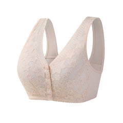 Front Button Lace Wireless Wide Strap Bra
