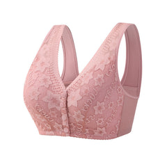 Front Button Lace Wireless Wide Strap Bra