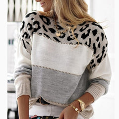 Color Block Leopard Print Crew Neck Casual Sweater