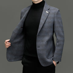 Men's Business Casual Wool Plaid Blazer