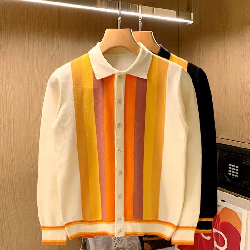 Men's Retro Color Block Vertical Stripe Knitted Cardigan