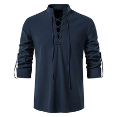 Men's V-neck Lace-up Cotton and Linen Loose Casual Stand-collar Shirt