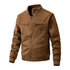Men's Suede Casual Jacket with Stand Collar and Double Zip Pockets