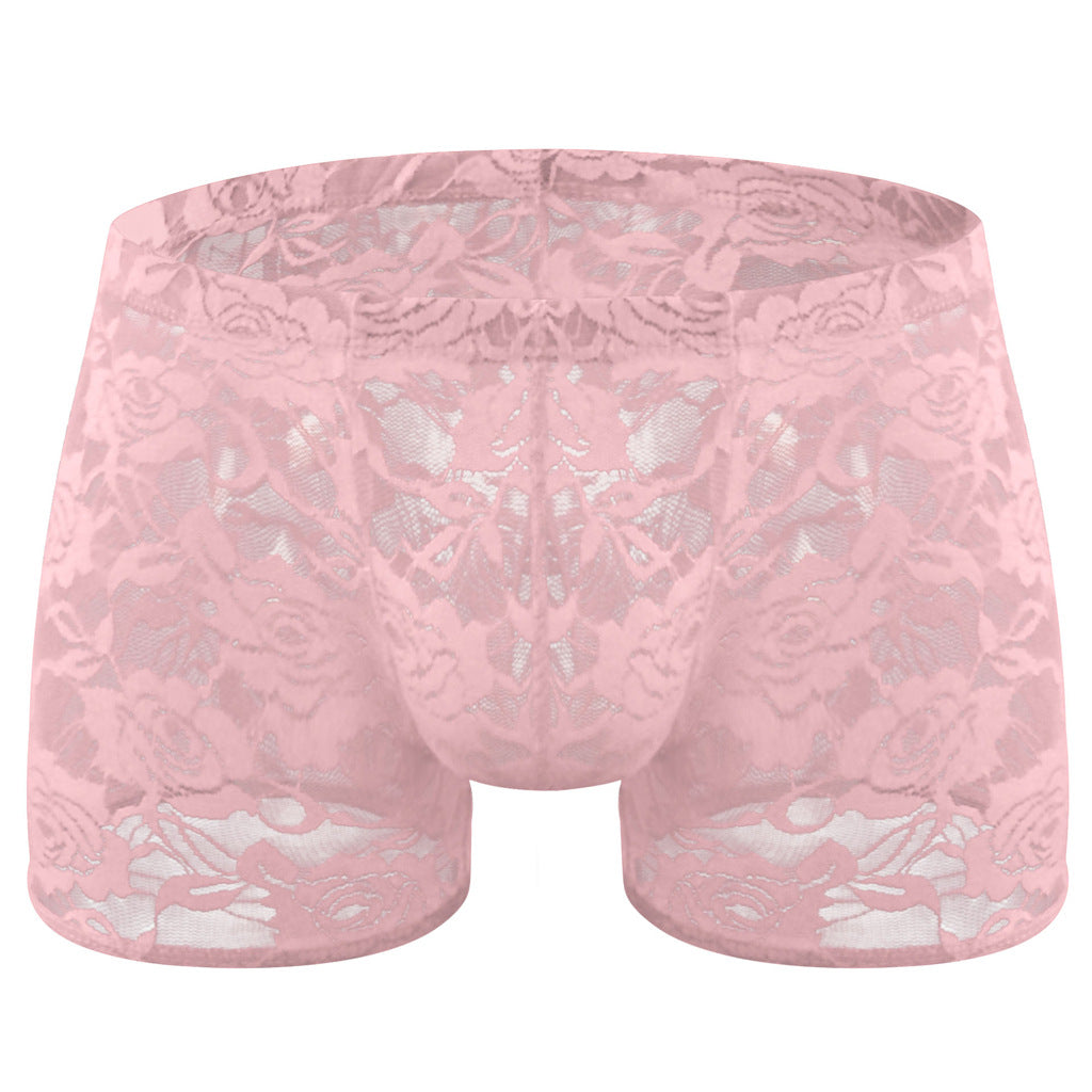 Tzy499P Rose Lace Sheer Mesh Low Waist Boxer Panties