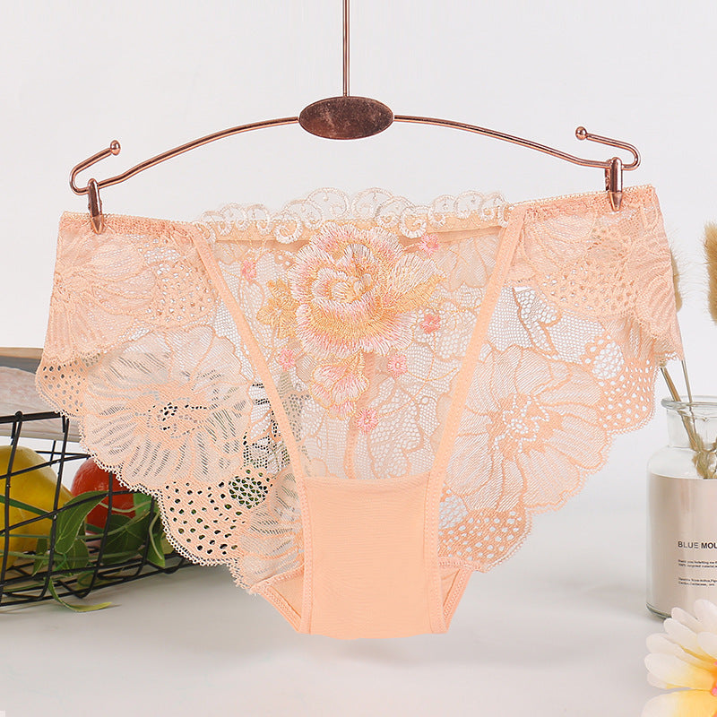 Sexy Lace Mesh Rose Embroidery Breathable Briefs