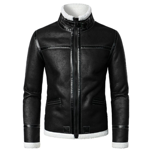 2023 New Winter Fashion Men's Thickened Stand Collar Leather Jacket