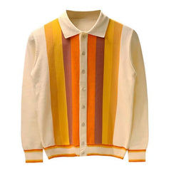 Men's Retro Color Block Vertical Stripe Knitted Cardigan