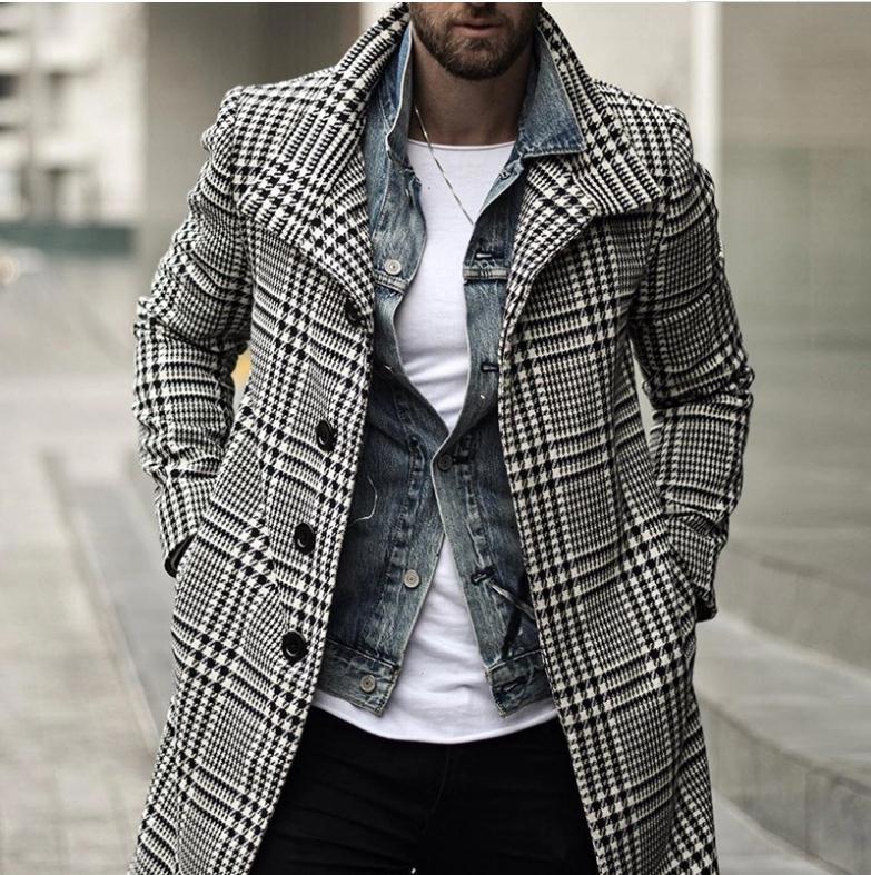 Men's Fashion Lapel Single Breasted Plaid Trench Coat