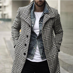 Men's Fashion Lapel Single Breasted Plaid Trench Coat
