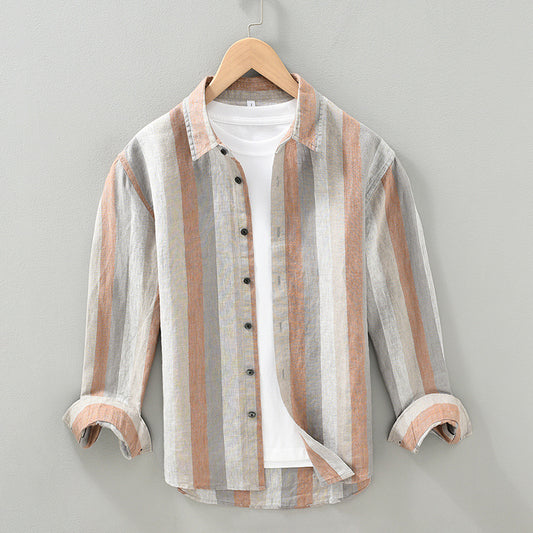 Men's Striped Color Block Linen Casual Long Sleeve Shirt
