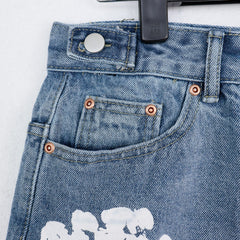 Men's Kapok Denim Shorts White Garland Printed Cropped Pants