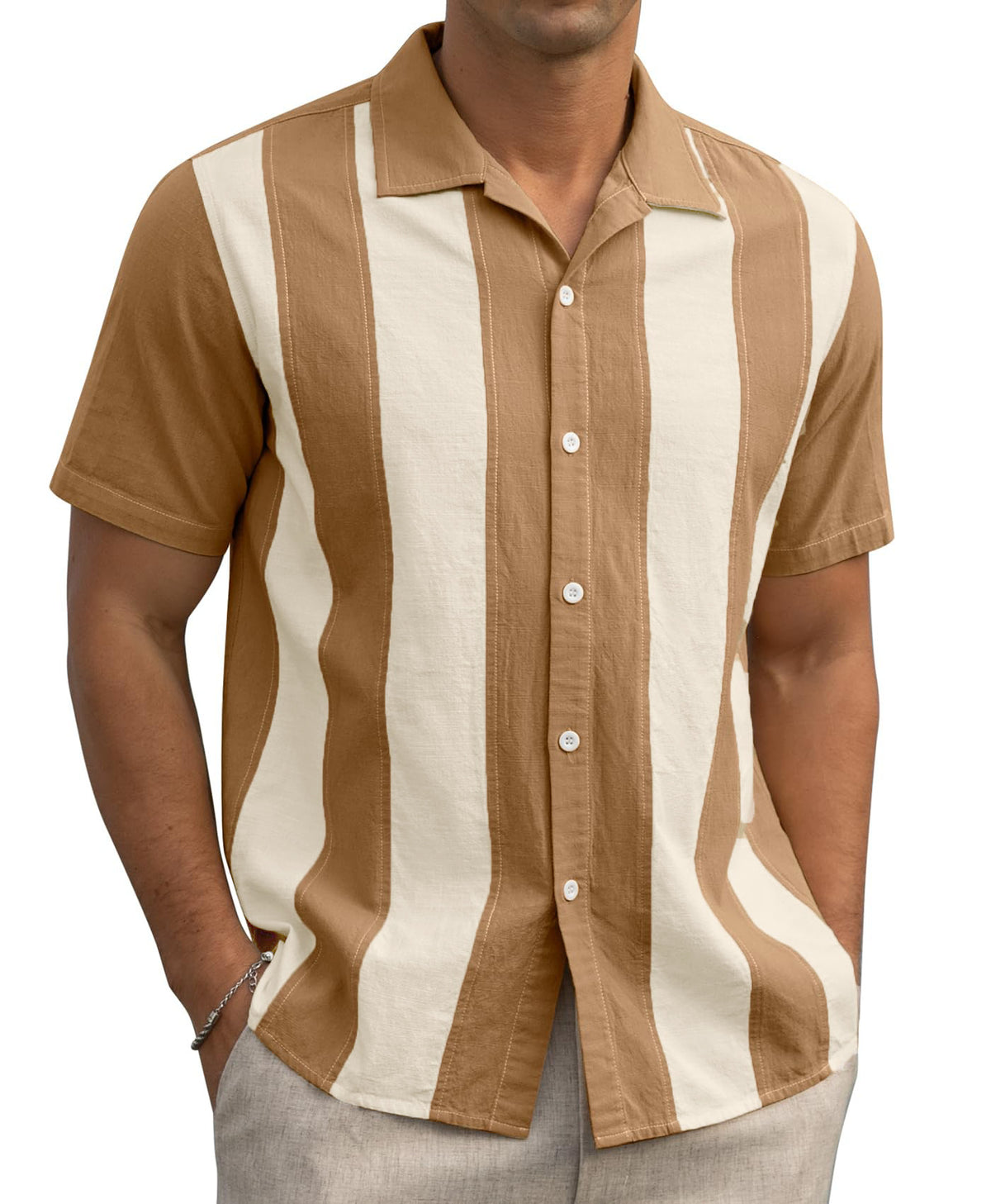 2024 Summer Contrast Stripe Stitching Short-sleeved Loose Casual Shirt