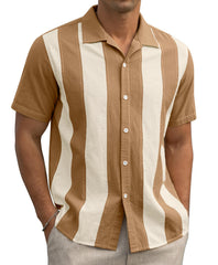 2024 Summer Contrast Stripe Stitching Short-sleeved Loose Casual Shirt