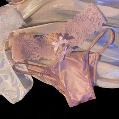 Sexy Satin Low Waist Cross Hollow Lace Antibacterial Briefs