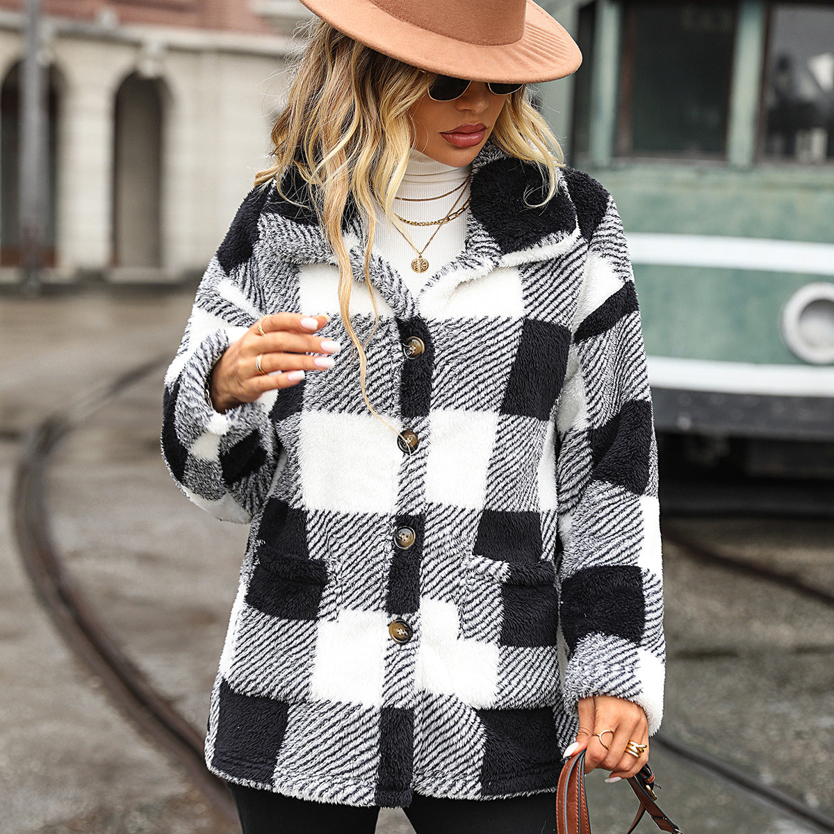 Winter Lapel Plaid Double-sided Velvet Casual Jacket