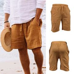 Men's Solid Color Drawstring Breathable Beach Pants Cotton and Linen Sports Casual Shorts