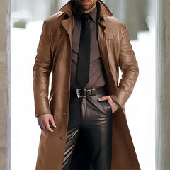 2024 New Men's Long Lapel Leather Trench Coat