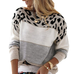 Color Block Leopard Print Crew Neck Casual Sweater