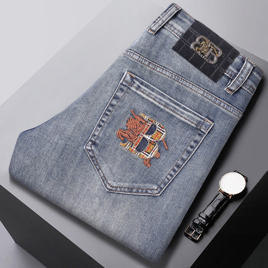 New high-end stretch vintage blue embroidered jeans