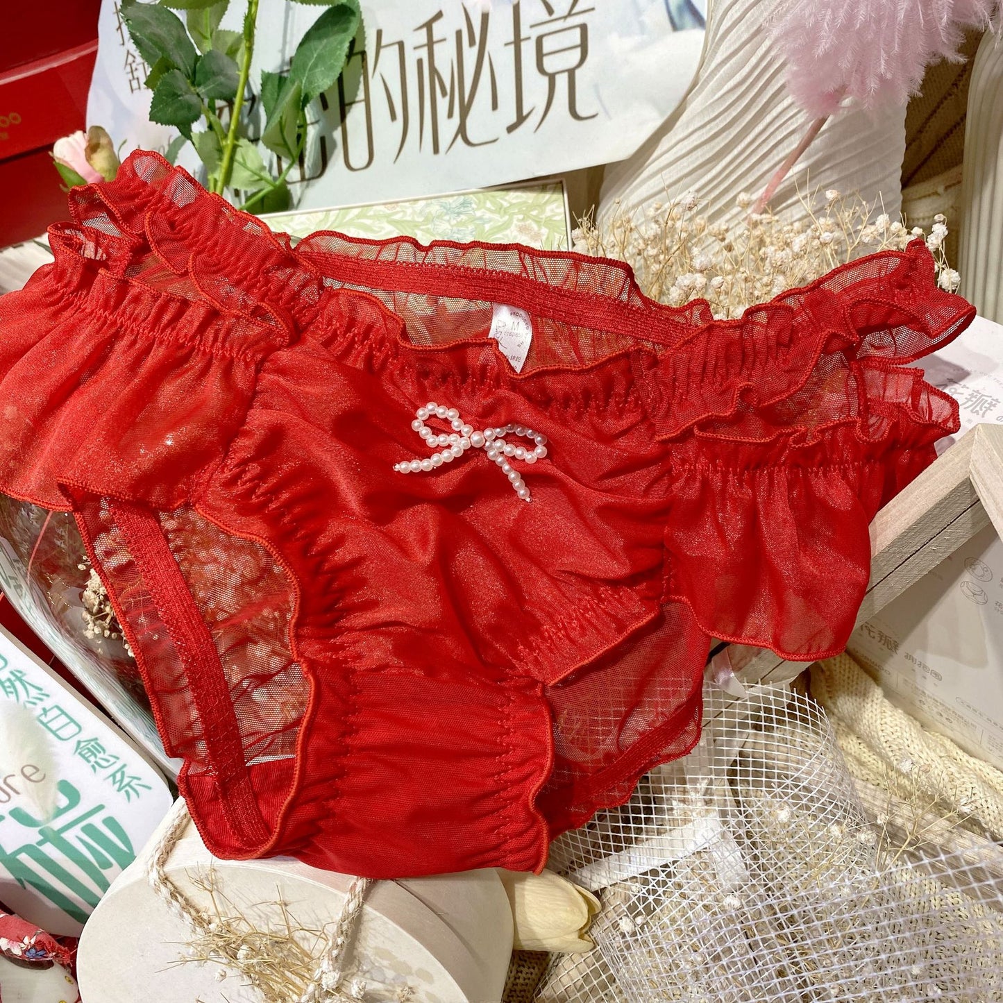 Japanese Sweet Ruffled Mesh Hollow Briefs