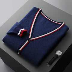 Men's Winter V-neck Striped Wool Cardigan