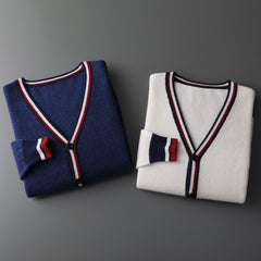 Men's Winter V-neck Striped Wool Cardigan