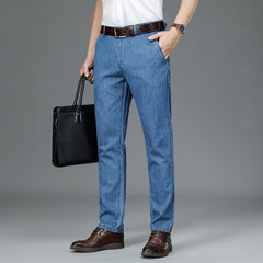 Men's Pure Cotton Thin High Waist Slim Straight Business Casual Jeans