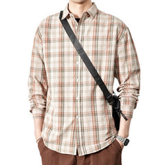 Men's Spring 2024 100% Cotton Loose Plaid Striped Shirt