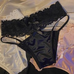 Sexy Satin Low Waist Cross Hollow Lace Antibacterial Briefs