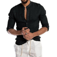 Men's Solid Color Stand Collar Casual Long Sleeve Shirt