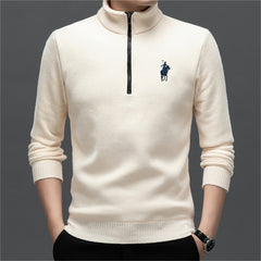 Half-zip high-neck solid color embroidered sweater