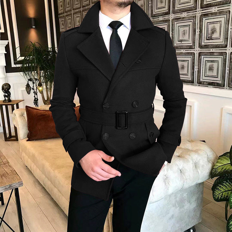 Men's Lapel Double-breasted Casual Windbreaker Woolen Jacket