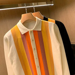 Men's Retro Color Block Vertical Stripe Knitted Cardigan