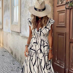 Geometric print V-neck ruffled long skirt