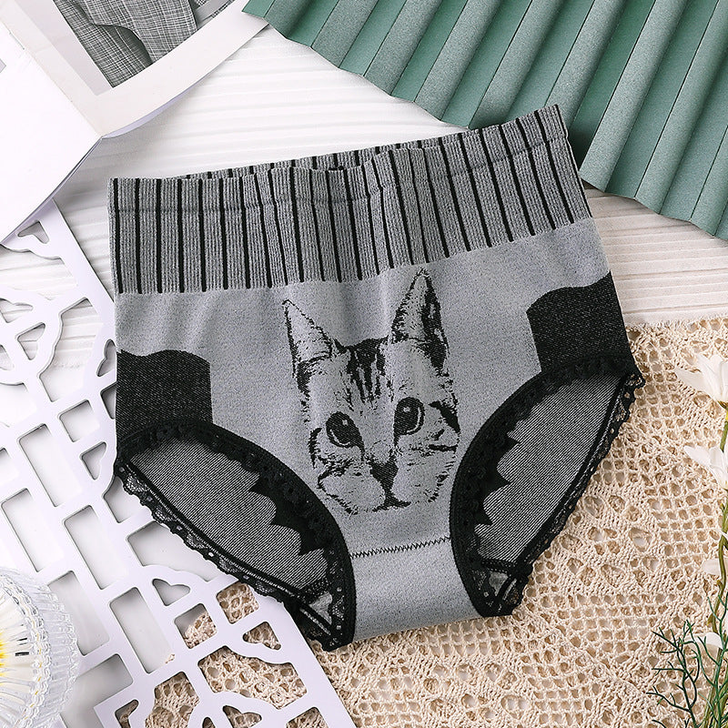 New Ladies High Waist Tummy Control Pure Cotton Lace Trim Kitten Print Panties