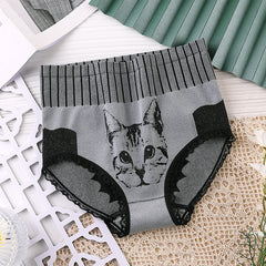 New Ladies High Waist Tummy Control Pure Cotton Lace Trim Kitten Print Panties