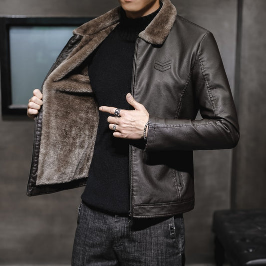 Men's Lapel Velvet Thickened Leather Jacket