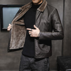 Men's Lapel Velvet Thickened Leather Jacket