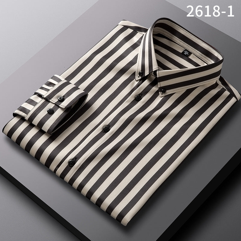 Men's Elastic Anti-wrinkle Casual Striped Long-sleeved Shirt