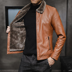 Men's Lapel Velvet Thickened Leather Jacket