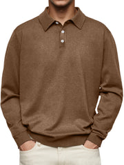 Men's Long Sleeve V-neck Button-down Casual Polo Shirt