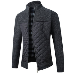 2024 Men's Stand Collar Striped Plaid Zipper Plus Velvet Fashionable Color Block Warm Knitted Jacket