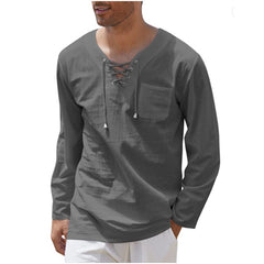 New Style Men's Cotton and Linen Fashion Casual Lace-up V-neck Long-sleeved Shirt