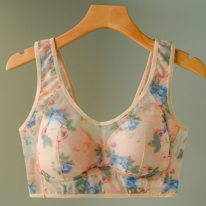 Seamless mesh lace thin wire-free bra
