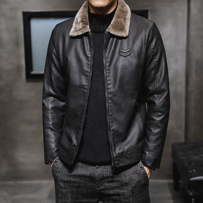 Men's Lapel Velvet Thickened Leather Jacket